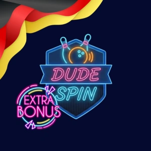 DudeSpin Logo mit Neon-Bowlingkegeln und Extra-Bonus-Symbol