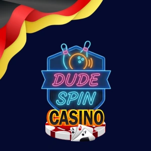 DudeSpin Logo mit leuchtenden Bowlingkegeln, CASINO-Schriftzug und Spielkarten mit Chips