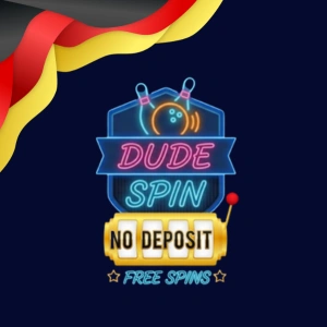 DudeSpin Logo mit Neon-Slotmaschine und NO DEPOSIT FREISPIELE Symbol
