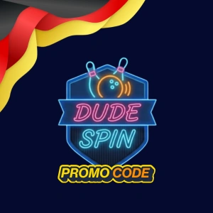 DudeSpin Logo mit leuchtenden Bowlingkegeln und gelbem PROMO CODE Schriftzug