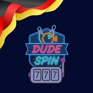 DudeSpin Logo mit leuchtenden Bowlingkegeln und einem Spielautomaten mit 777-Symbolen