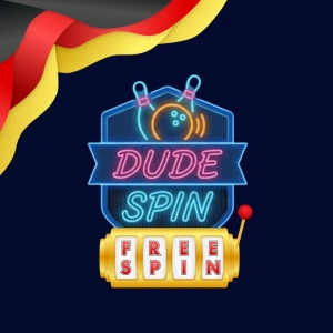 DudeSpin Logo mit einem leuchtenden FREE SPIN Spielautomaten-Symbol darunter